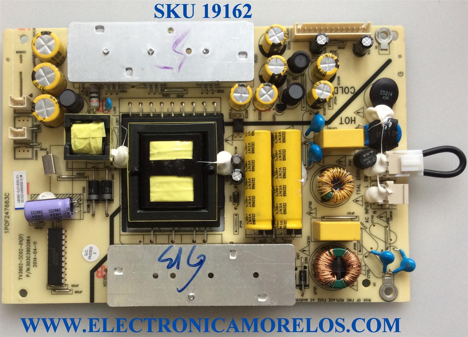 FUENTE DE PODER / ELEMENT 1010031070 / 303C3902064 / 1POF247663C / TV3902-ZC02-01 / COMPATIBLE PARA DIFERENTES MARCAS Y MODELOS POLAROID MHDV4233-U4 / TCL LE40D8810 / HAIER LE40M600CF / JVC LT40C550 / ELEMENT ELEFW408 LE-40G36Y / ELEFW408